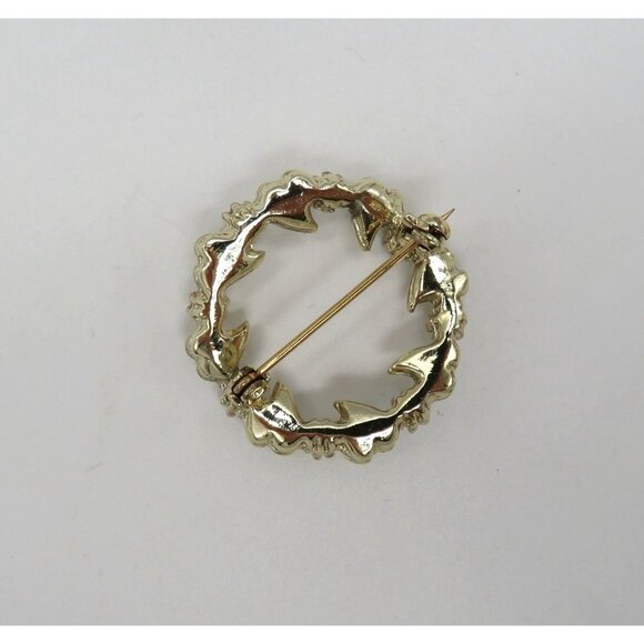 Vintage Leaf Brooch 1" Round Gold Tone Imitation Pearls Turquoise Accents - Picture 11 of 13